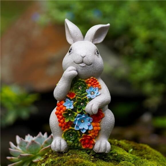 Solar Garden Outdoor Statues Bunny with Succulent and 7 LED Lights – Lawn Decor - Picture 6 of 7